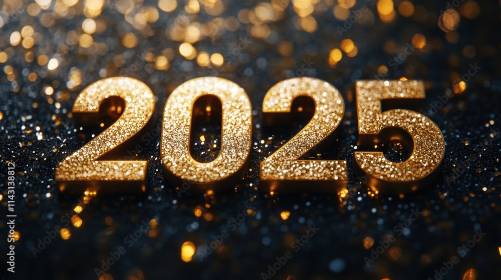 Celebrating the arrival of 2025 with sparkling golden numbers against a shimmering backdrop Celebrating the arrival of 2025 with sparkling golden numbers against a shimmering backdrop