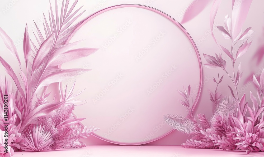 Palm Plant Border forms Pink, Modern Design. Circle Botanical Frame with copy-space. Palm Plant Border forms Pink, Modern Design. Circle Botanical Frame with copy-space.