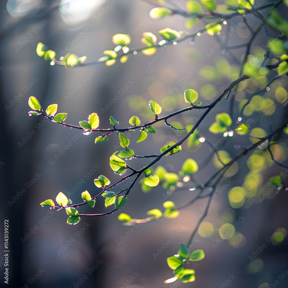 Fototapeta premium Serene Springtime: A Tree Branch Adorned with Fresh Green Leaves and Illuminated by Sunlight