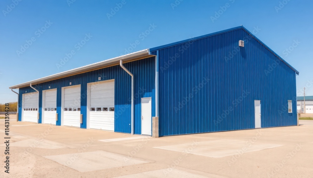 Commercial building with multiple white garage doors sits on paved lot. Blue metal building stands under clear sky. Industrial structure for storage distribution. Modern design, strong construction. Commercial building with multiple white garage doors sits on paved lot. Blue metal building stands under clear sky. Industrial structure for storage distribution. Modern design, strong construction.
