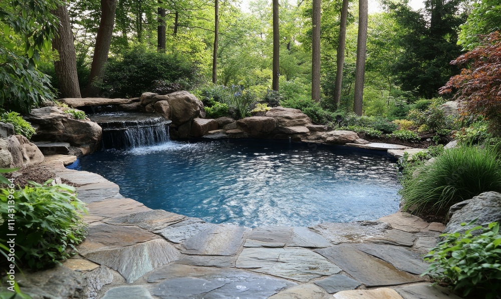 Naklejka premium The outside area needs more rugged landscape such as a pool with rock.