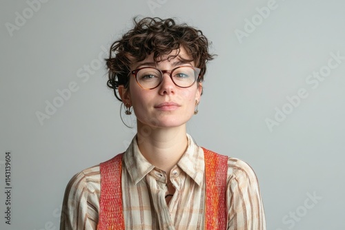 Stylish young woman poses in eyewear showcasing modern frames and a unique fashion sense in a minimalistic studio setting