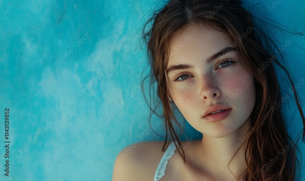 Portrait of a young attractive woman looking at the camera on a blue background Portrait of a young attractive woman looking at the camera on a blue background