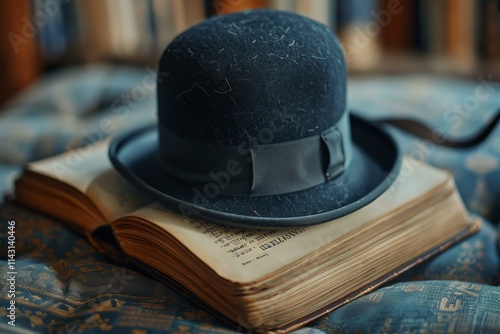 Old dusty bowler hat is resting on an open book in a library photo