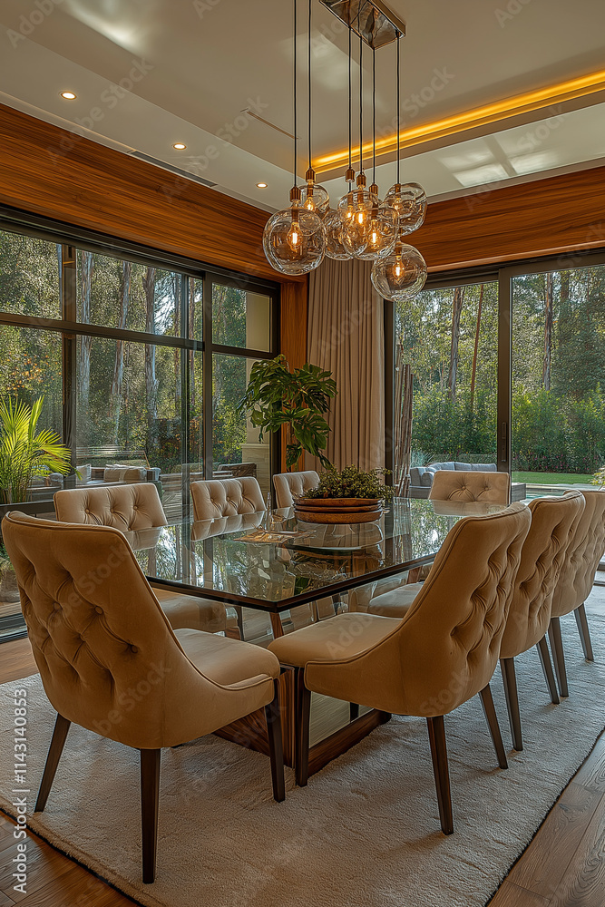 Fototapeta premium Photographie immobilière professionnelle d'une salle à manger moderne avec table en verre et vue sur le jardin, créant un espace lumineux et aéré