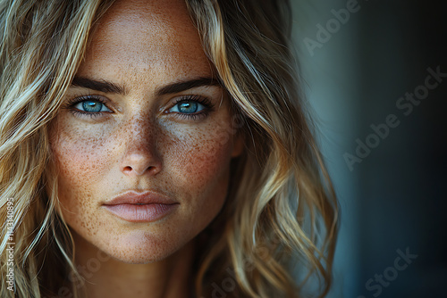 Portrait of a Beautiful Caucasian Woman with Freckles and Blonde Hair