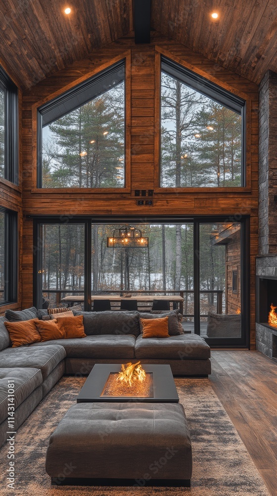 Warm and inviting cabin interior featuring large windows and cozy seating surrounded by nature Warm and inviting cabin interior featuring large windows and cozy seating surrounded by nature