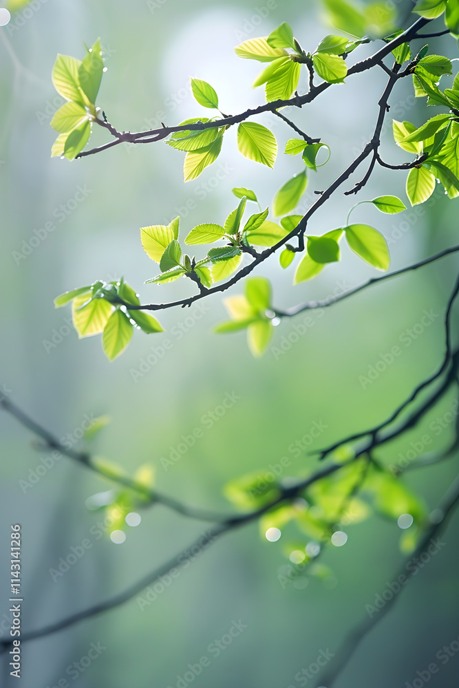 Serene Springtime: A Tree Branch Adorned with Fresh Green Leaves and Illuminated by Sunlight Serene Springtime: A Tree Branch Adorned with Fresh Green Leaves and Illuminated by Sunlight
