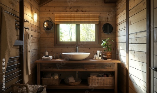 Wooden bathroom, ceramic basin, mirror, window.