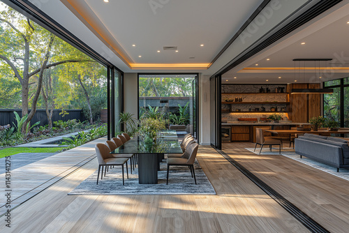 Photographie immobilière professionnelle d'une salle à manger moderne avec table en verre et vue sur le jardin, créant un espace lumineux et aéré photo