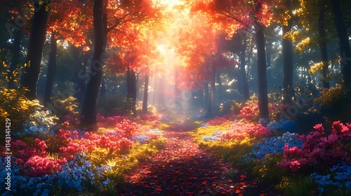 Sunbeams illuminate a magical autumn forest path lined with colorful flowers and red leaves.