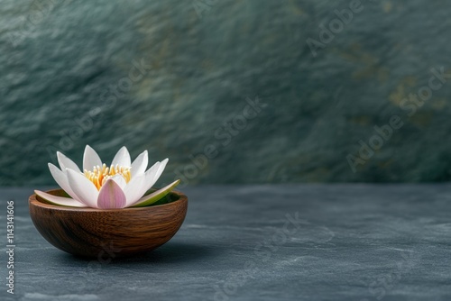 zen still life, a tranquil scene a lotus flower in a wooden bowl on polished stone, creating a serene and calm space text can be added photo