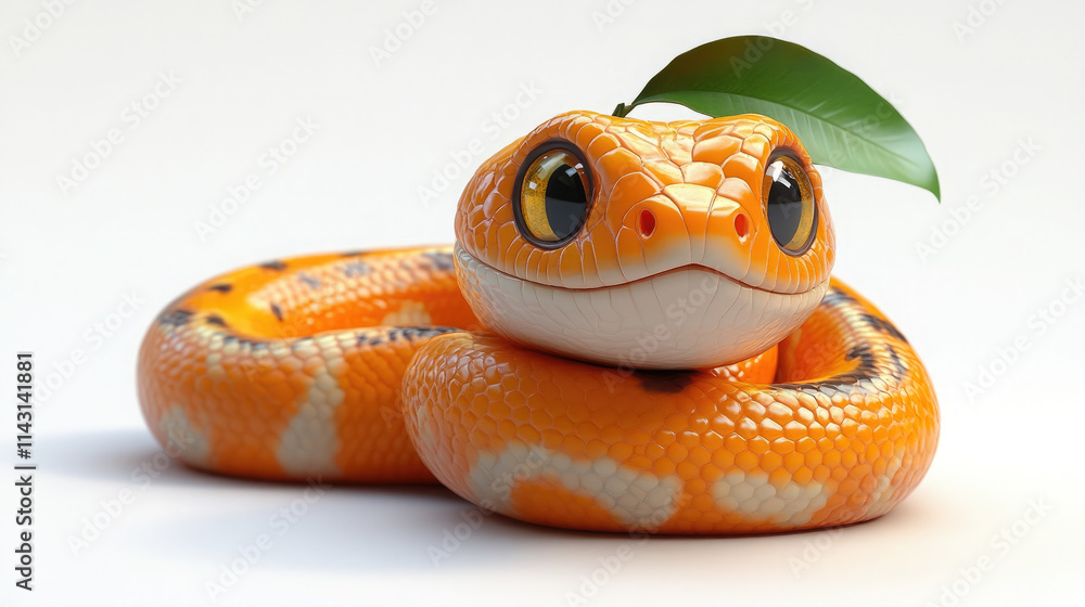 Fototapeta premium Cute 3D cartoon snake with orange tangerine on head on white background, symbol of 2025, Christmas, Chinese New Year, character, reptile, fruit