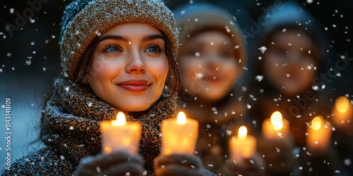 Caroling group sings by candlelight during a snowy winter evening celebration photo