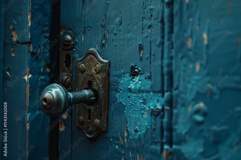 Old blue weathered door is holding a key in the lock Old blue weathered door is holding a key in the lock