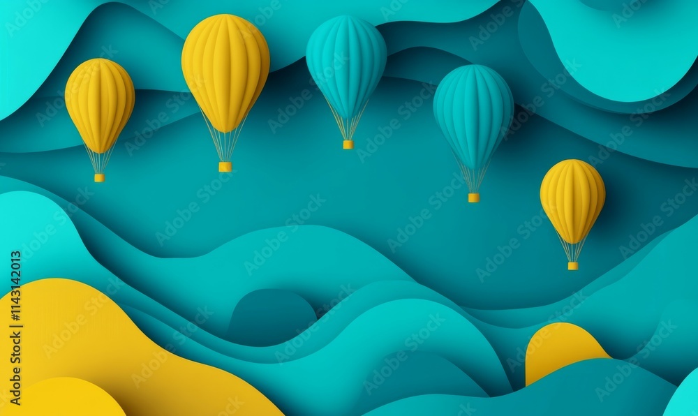 Teal, Turquoise and Yellow Balloons Rising in the Air. Colorful, Carnival Background. Teal, Turquoise and Yellow Balloons Rising in the Air. Colorful, Carnival Background.