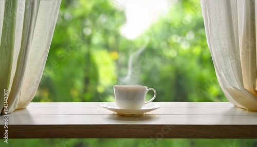 A tranquil scene with a mug of fragrant tea on a table, soft curtains in saran and a view of blue nature outside the window photo