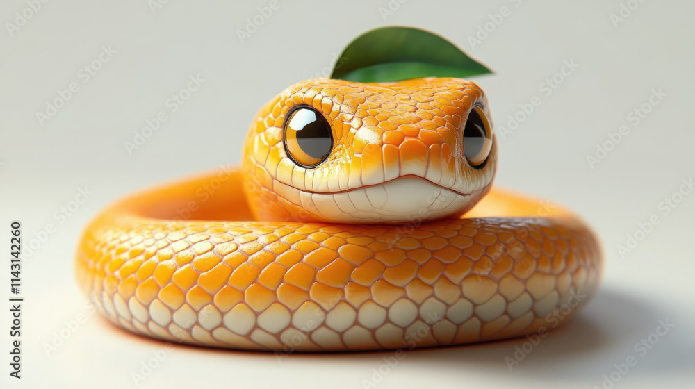 Fototapeta premium Cute 3D cartoon orange snake on white background, symbol of 2025, Christmas, Chinese New Year, character, reptile, fruit