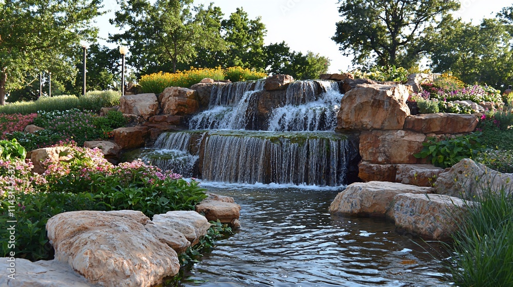 Naklejka premium Serene waterfall cascading over rocks in a lush garden.