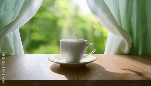 A tranquil scene with a mug of fragrant tea on a table, soft curtains in saran and a view of blue nature outside the window photo