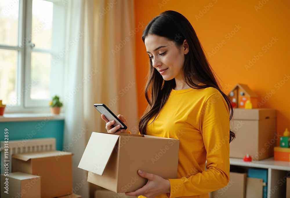 A young Caucasian woman with long blond hair styled in loose waves, wearing a beige shirt, holding a cardboard box in her left hand and a smartphone in her right hand. AI Generated A young Caucasian woman with long blond hair styled in loose waves, wearing a beige shirt, holding a cardboard box in her left hand and a smartphone in her right hand. AI Generated