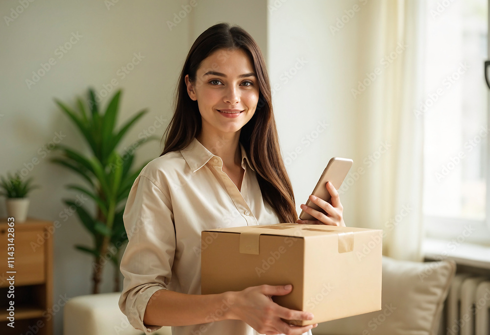 A young Caucasian woman with long blond hair styled in loose waves, wearing a beige shirt, holding a cardboard box in her left hand and a smartphone in her right hand. AI Generated A young Caucasian woman with long blond hair styled in loose waves, wearing a beige shirt, holding a cardboard box in her left hand and a smartphone in her right hand. AI Generated