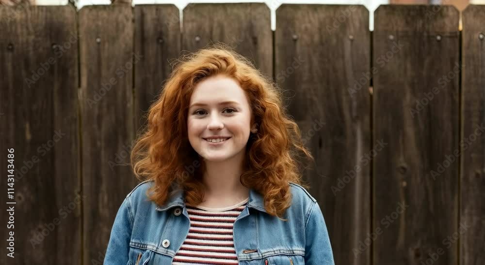Smiling woman with red curly hair in denim jacket, standing front of wooden fence Smiling woman with red curly hair in denim jacket, standing front of wooden fence