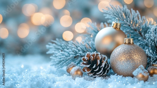 Christmas banner with Christmas decoration in the snow. Empty space for text. photo