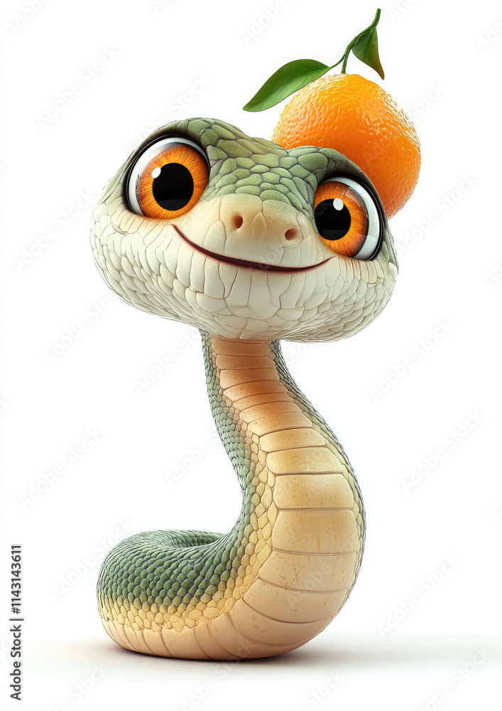 Fototapeta premium Cute 3D cartoon snake with orange tangerine on head on white background, symbol of 2025, Christmas, Chinese New Year, character, reptile, fruit