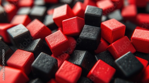 Close-up view of a large collection of small, red and black, wooden cubes densely packed together. Abstract geometric pattern..