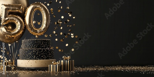 Black and gold 50th birthday cake with balloons and gift boxes from a different angle