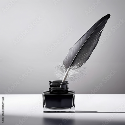 Vintage Quill Feather in Ink Bottle on Minimal Background photo