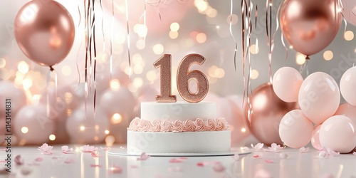 Sweet sixteen birthday cake with pink and rose gold balloons