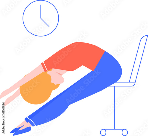 Office worker stretching using her chair, relaxing muscles while keeping an eye on the clock and working on a laptop, promoting wellness and productivity during the workday