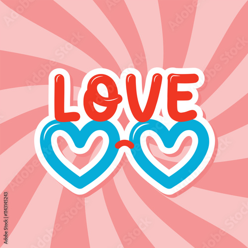 heart shape sunglasses with love word, Valentine party sticker, retro style vector illustration
