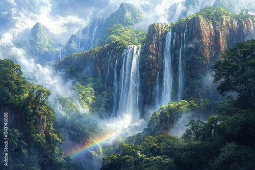 Majestic waterfalls cascading down lush green mountains, a rainbow at the base, surrounded by mist and vibrant foliage.