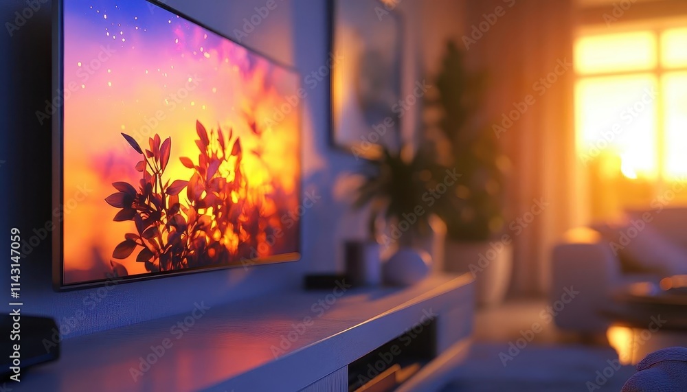 A glowing LED panel syncing to music in a bright living room, sunlight adding warmth to the hightech design A glowing LED panel syncing to music in a bright living room, sunlight adding warmth to the hightech design
