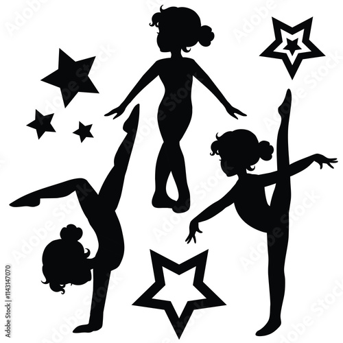 Cute little girl gymnast silhouette vector cartoon illustration