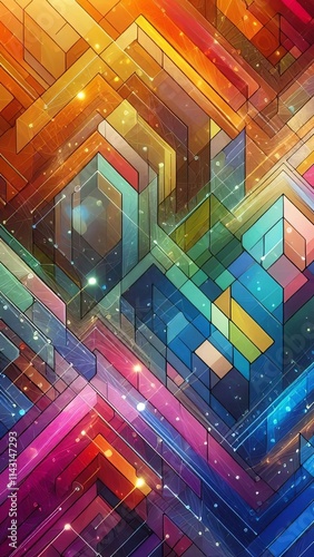 Vibrant abstract composition with interlocking colorful geometric blocks, creating a three-dimensional effect with warm and cool tones, resembling a modern cityscape or maze-like structure