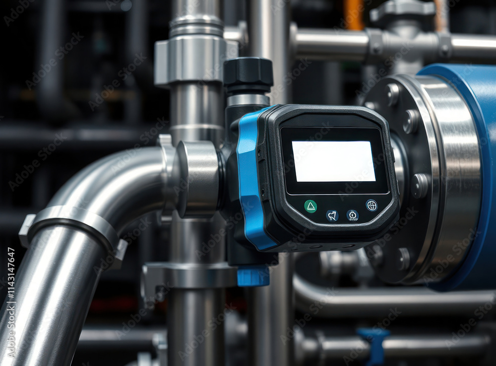 High-precision ultrasonic flow meter measures fluid flow rate accurately. Sleek design, bright LCD display attached to industrial pipe. Device monitors flow rate, volume, velocity of liquid gas. High-precision ultrasonic flow meter measures fluid flow rate accurately. Sleek design, bright LCD display attached to industrial pipe. Device monitors flow rate, volume, velocity of liquid gas.
