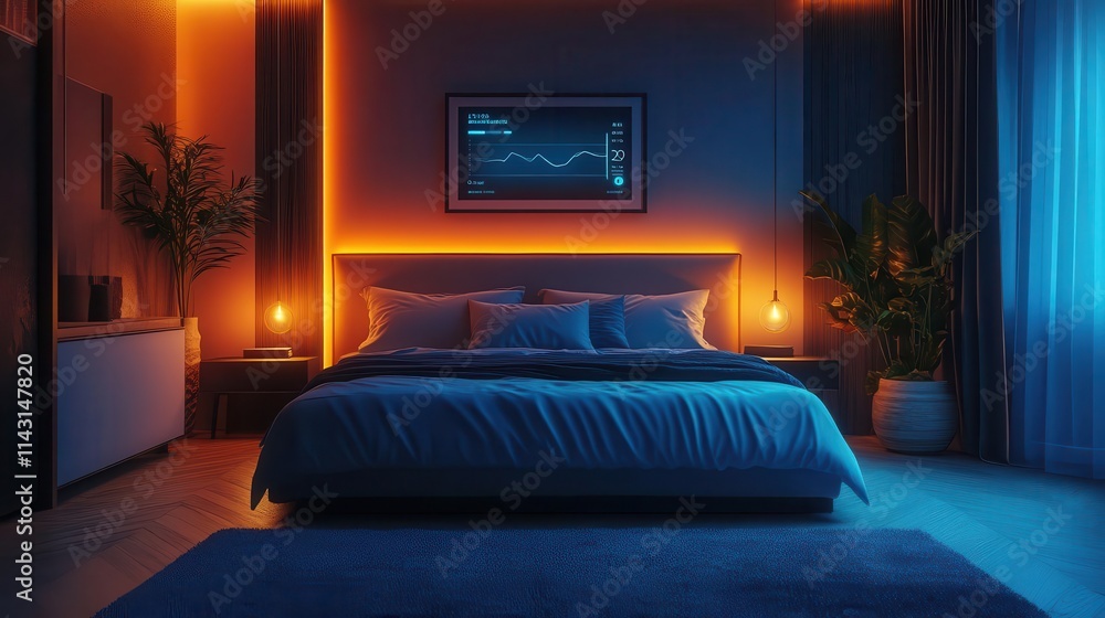 A serene bedroom where a glowing device dashboard monitors air quality, syncing with connected purifiers and fans A serene bedroom where a glowing device dashboard monitors air quality, syncing with connected purifiers and fans