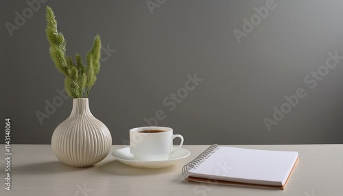 A small decorative vase next to a mug of hot coffee