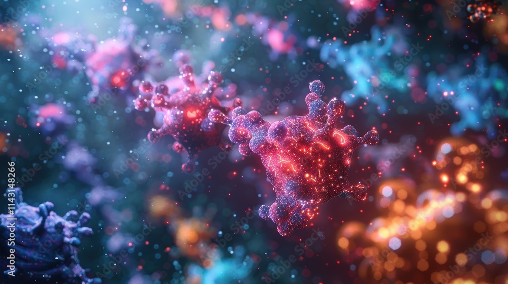 A mesmerizing close-up of colorful microscopic virus particles floating in a vibrant and ethereal space, reflecting the fusion of science and art A mesmerizing close-up of colorful microscopic virus particles floating in a vibrant and ethereal space, reflecting the fusion of science and art