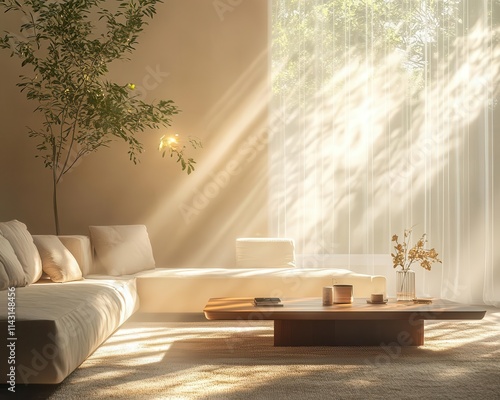 A serene living room where glowing security alerts sync with a homeowner s phone, sunlight reflecting off a coffee table photo