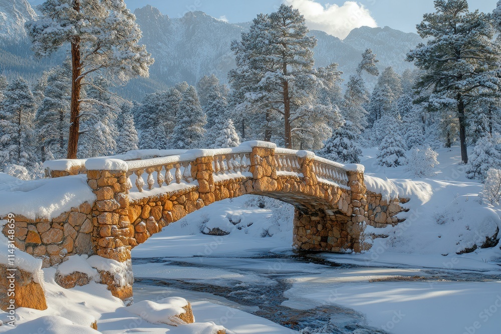 Stunning winter landscape featuring a stone bridge over a frozen mountain stream surrounded by snow-covered trees Stunning winter landscape featuring a stone bridge over a frozen mountain stream surrounded by snow-covered trees