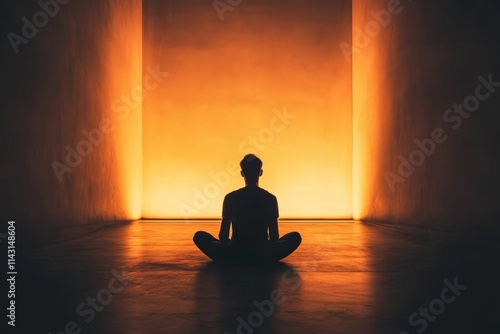 Wallpaper Mural Silhouette meditates, amber-lit room, serene posture. Torontodigital.ca
