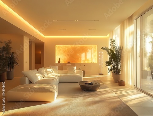 A serene living room where remote commands adjust lighting and temperature, glowing screens syncing effortlessly, sunlight streaming in photo