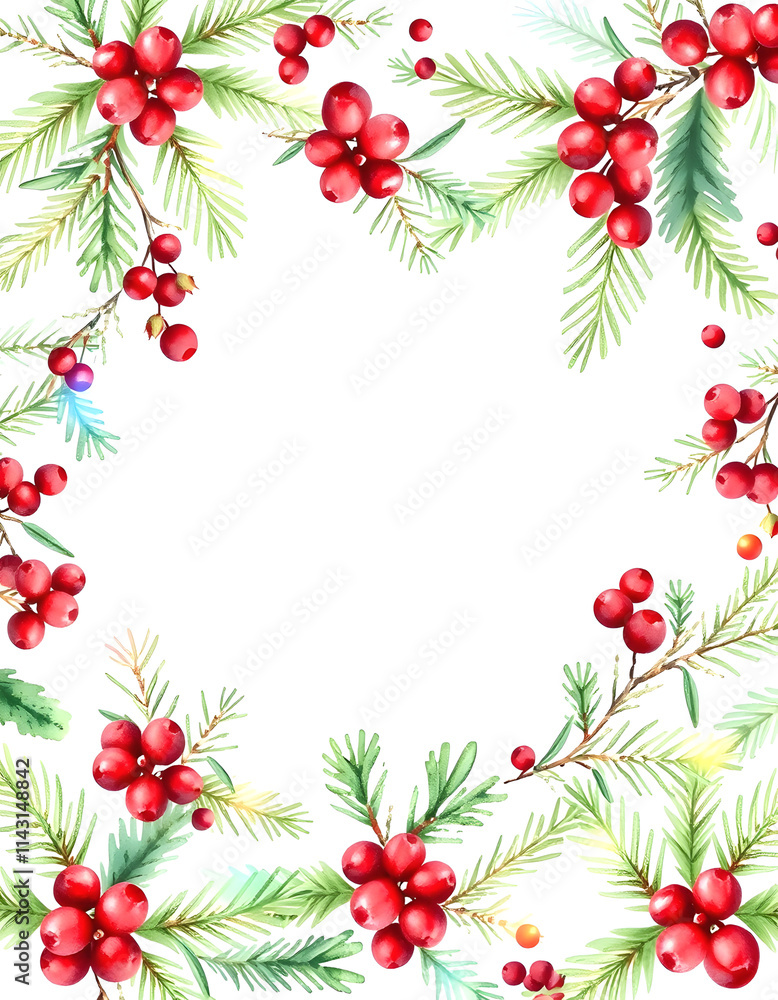 Watercolor round christmas frame with fir branches berry leaves plant herb winter flora isolated on white background. Botanical greenery holiday illustration for wedding invitation card design, Colo Watercolor round christmas frame with fir branches berry leaves plant herb winter flora isolated on white background. Botanical greenery holiday illustration for wedding invitation card design, Colo