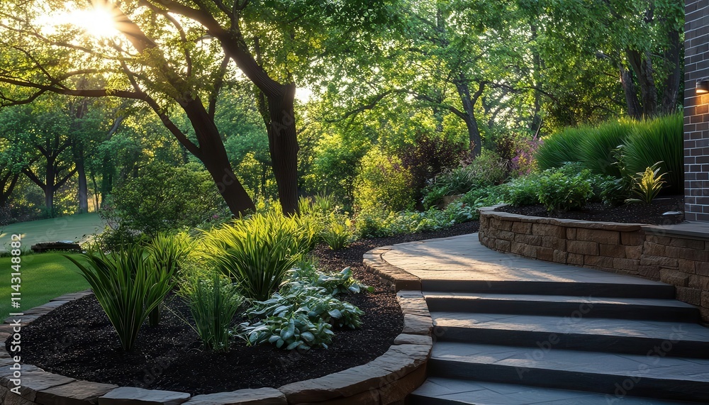 A serene outdoor space with glowing perimeter sensors seamlessly blending into landscaping, sunlight adding warmth A serene outdoor space with glowing perimeter sensors seamlessly blending into landscaping, sunlight adding warmth