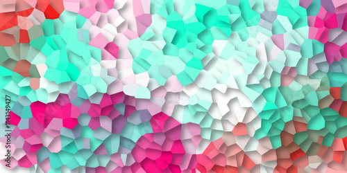 Abstract Seamless Multicolor Broken Stained-Glass Geometric Retro Tiles Pattern Quartz Crystal 3D Voronoi Diagram for Fabric Printing, Website Bg, Presentations, Brochures, & Luxury/Premium Packaging.